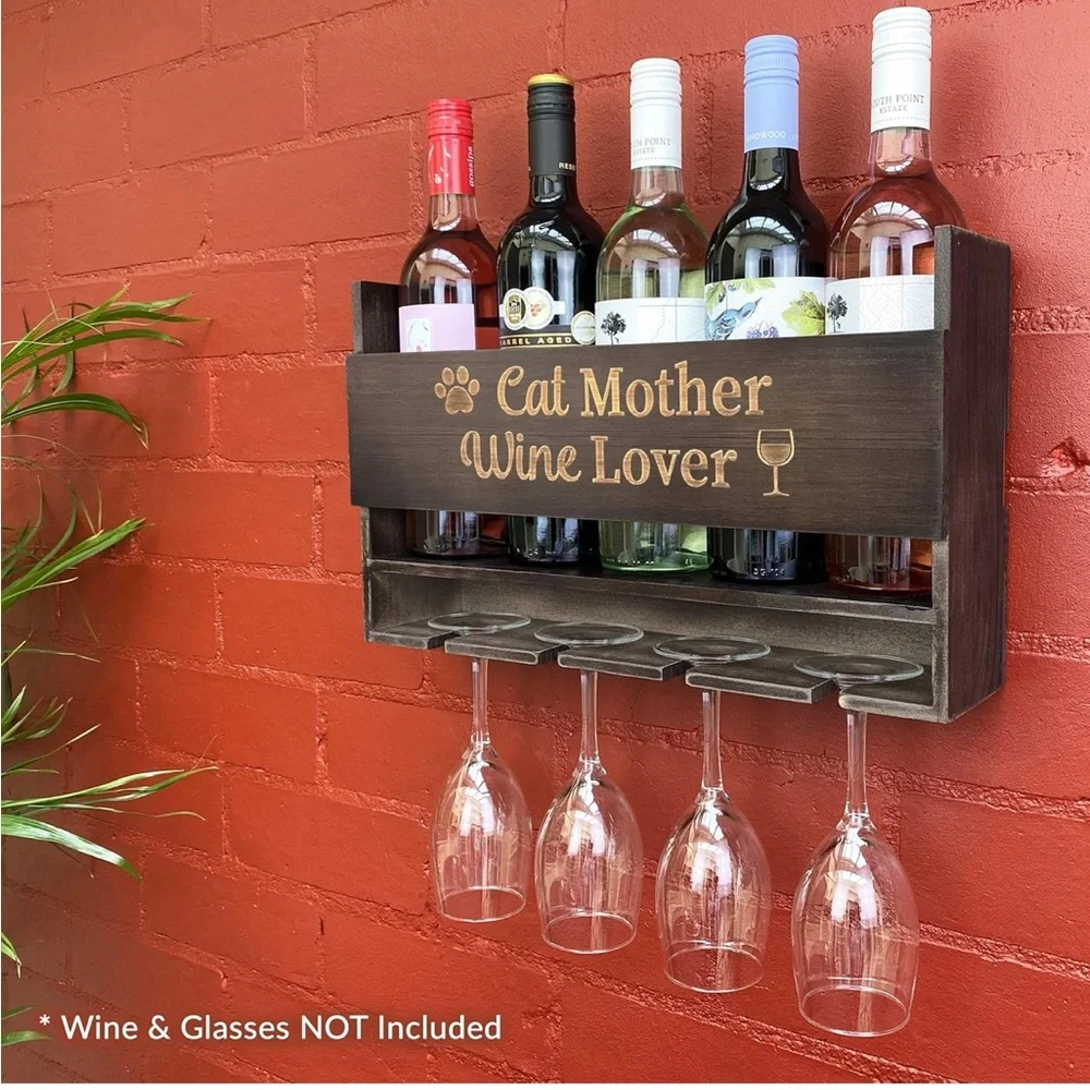 Wooden Wine Rack with Cat Mother Wine Lover Design NEW
